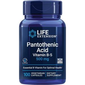 Life Extension Pantothenic Acid, 500 mg, Vitamin B5, Calcium, Support Healthy Metabolism, Mitochondrial Energy Production, Gluten-Free, Non-GMO, Vegetarian, 100 Capsules