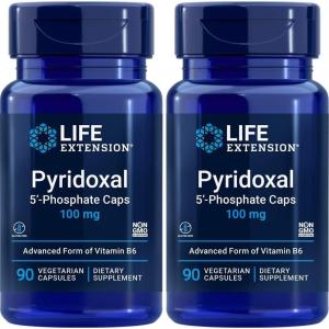 Life Extension Pyridoxal 5′-Phosphate Caps—Vitamin B6, 100 mg, Bioactive B6 for Cardiovascular, Kidney & Nerve Health—Gluten-Free, Non-GMO, Vegetarian—60 Vegetarian Capsules(90 Count (Pack of 2))