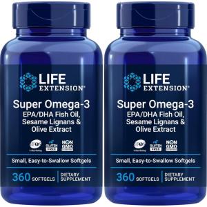 Life Extension Super Omega-3 EPA/DHA Fish Oil, Sesame Lignans & Olive Extract – Heart Health, Brain Health, Inflammation Health Support, Gluten-Free, Enteric-Coated, Non-GMO, 120 Softgels(360 Count (Pack of 2))
