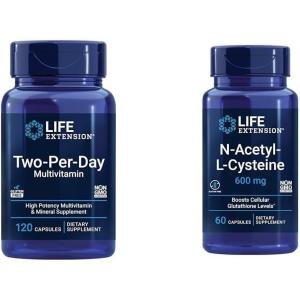 Life Extension Two-Per-Day Multivitamin – Packed with Over 25 Vitamins, Minerals & Extracts -Vitamins B6, C, D – Zinc – Two-Month Supply – Non-GMO, Gluten-Free – 120 Tablets(Unflavored + NAC)