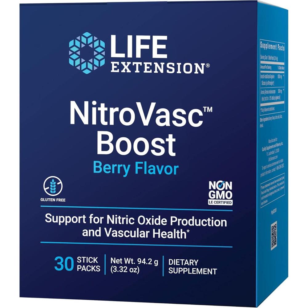 imageLife Extension NitroVasc Boost  Circulatory Health Supplement for Men  Arginine amp Aronia for Nitric Oxide Production Support amp Heart Health  Berry Flavor GlutenFree NonGMO  30 Stick Packs