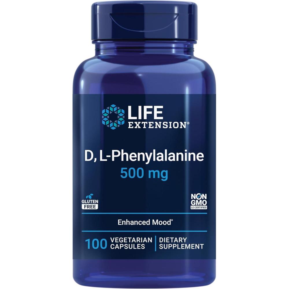 imageLife Extension D LPhenylalanine Capsules 500 mg  Supports Mood Health Promotes Neurotransmitter Health  GlutenFree NonGMO Vegetarian  100 Capsules