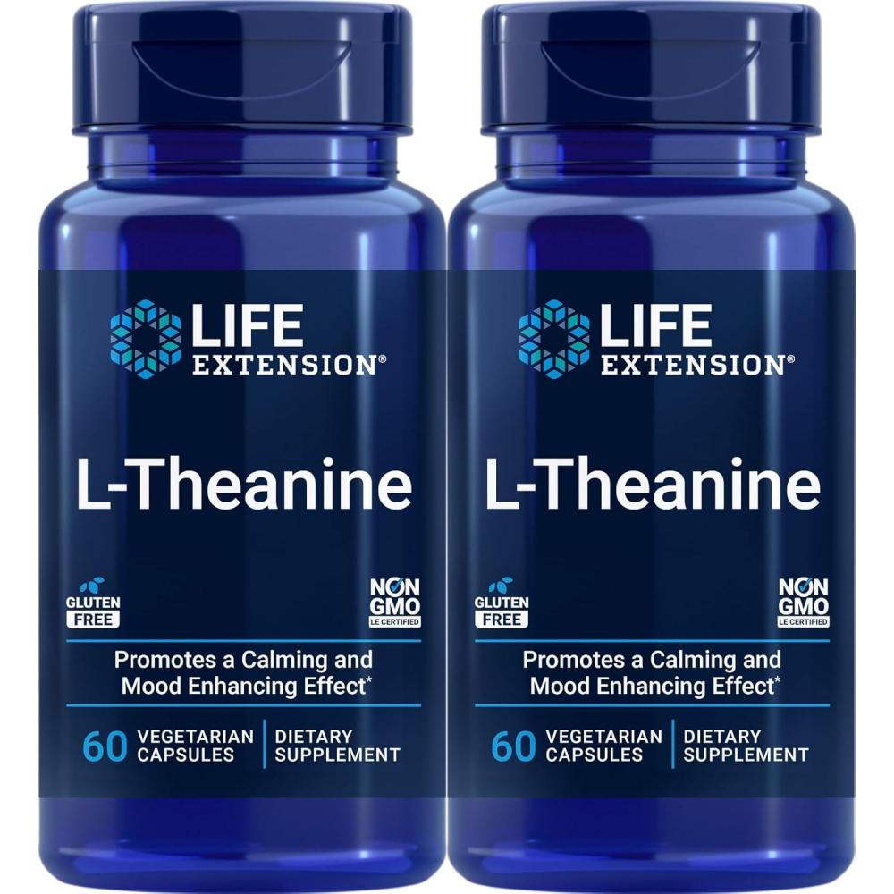 imageLife Extension LTheanine Amino Acid theanine Calm Relaxation Mood GlutenFree NonGMO Vegetarian 200 mg 60 Capsules60 Count Pack of 2