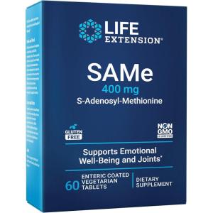 Life Extension Same, S-Adenosyl-Methionine, 400 mg, Best-Selling Mood Health, Liver Health and Joint Support Supplement, Non-GMO, Vegetarian, Gluten Free, 60 enteric-Coated Tablets