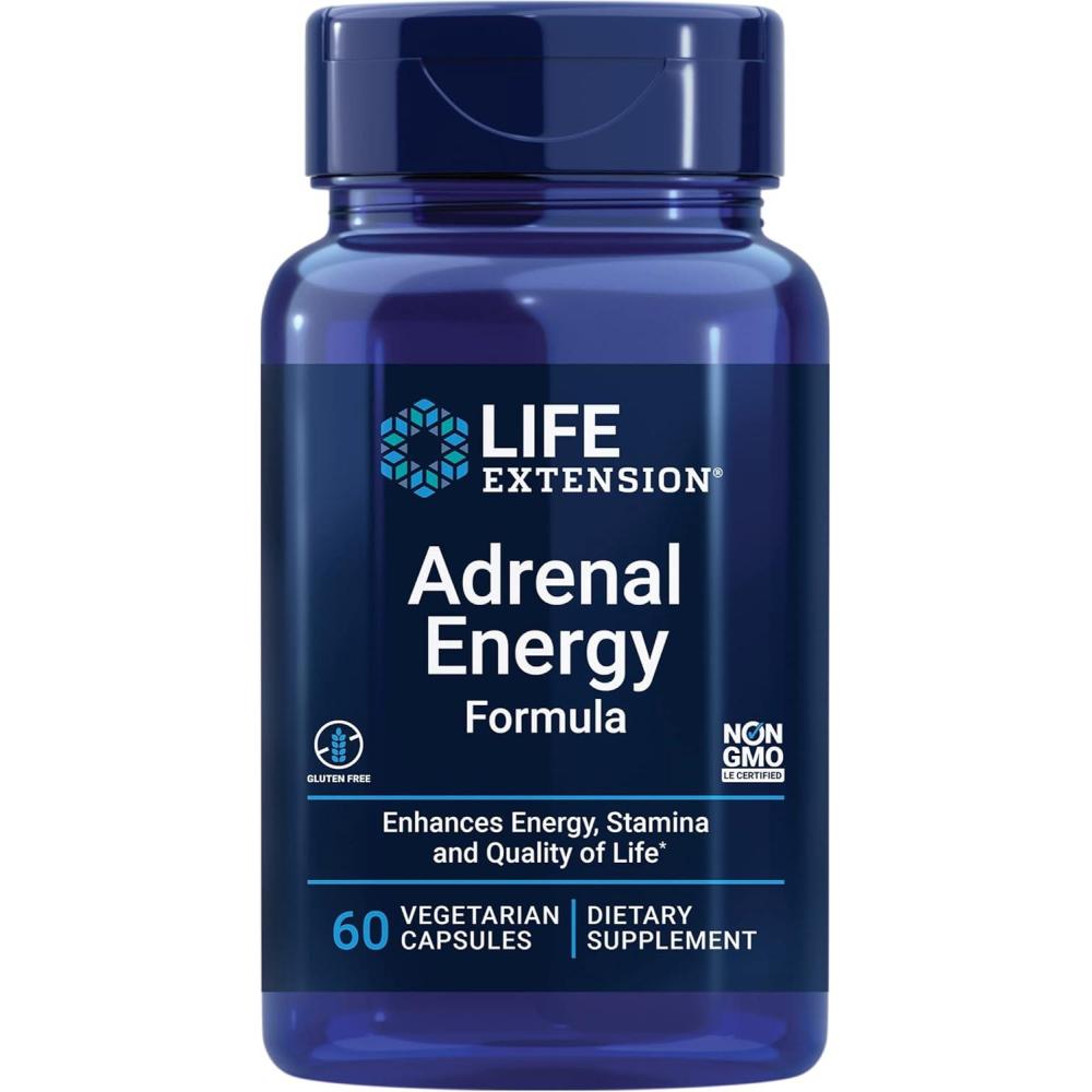 imageLife Extension Adrenal Energy Formula Help inhibit The Effects of Stress holy Basil cordyceps bacopa and ashwagandha Gluten Free NonGMO Vegetarian 60 CapsulesUnflavored