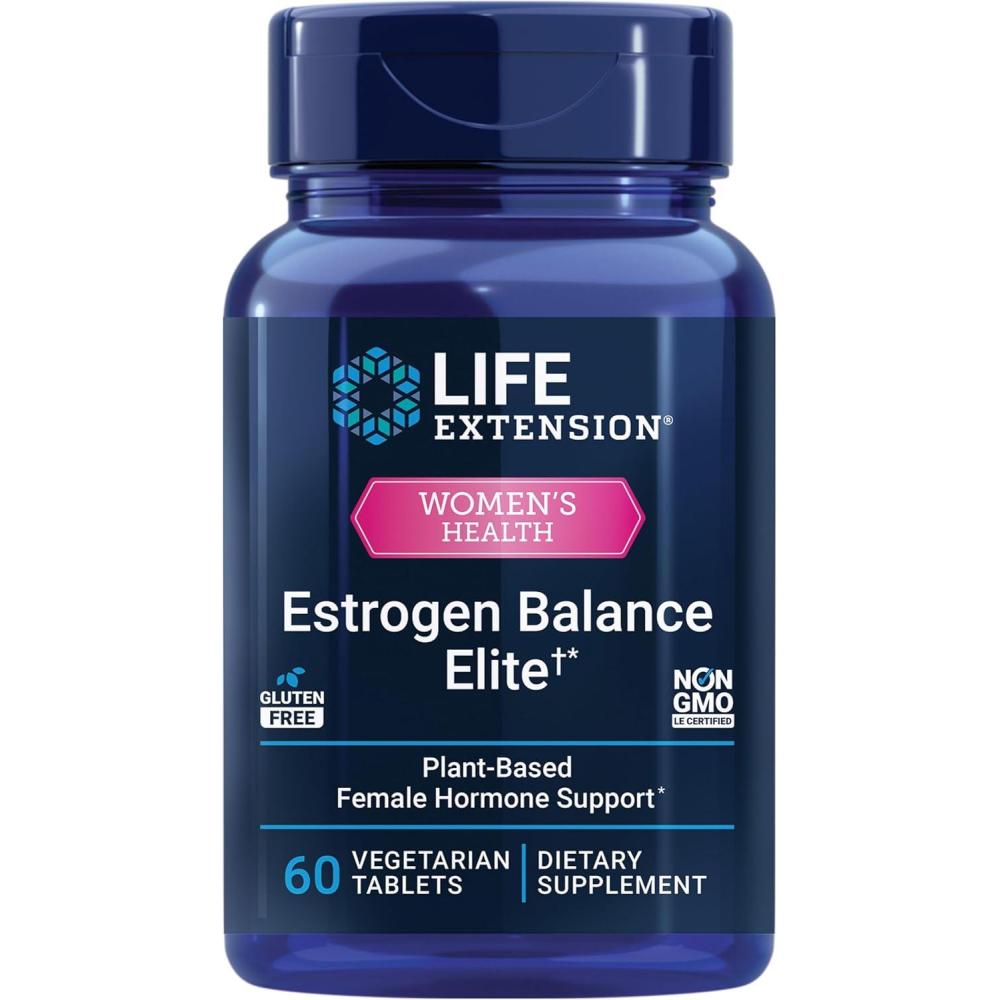 imageLife Extension Estrogen Balance Elite Menopause Support Supplement Hormone Balance hot Flashes Night Sweats Vaginal Dryness GlutenFree NonGMO Vegetarian 60 Tablets