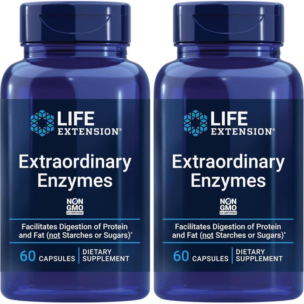 imageLife Extension Extraordinary Enzymes Digestive Health Support Nutrient Absorption Digestive enzymes NonGMO 60 Capsules60 Count Pack of 2