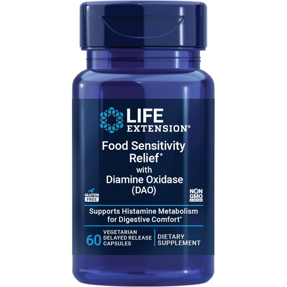 imageLife Extension Food Sensitivity Relief with Diamine Oxidase DAO Occasional Gas Digestive Comfort histamine Sensitivity DAO Enzyme Supplement Gluten Free NonGMO Vegetarian 60 Capsules60 Count Pack of 1