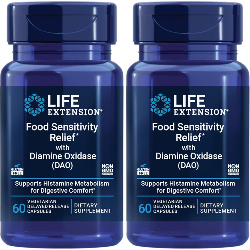 imageLife Extension Food Sensitivity Relief with Diamine Oxidase DAO Occasional Gas Digestive Comfort histamine Sensitivity DAO Enzyme Supplement Gluten Free NonGMO Vegetarian 60 Capsules60 Count Pack of 2
