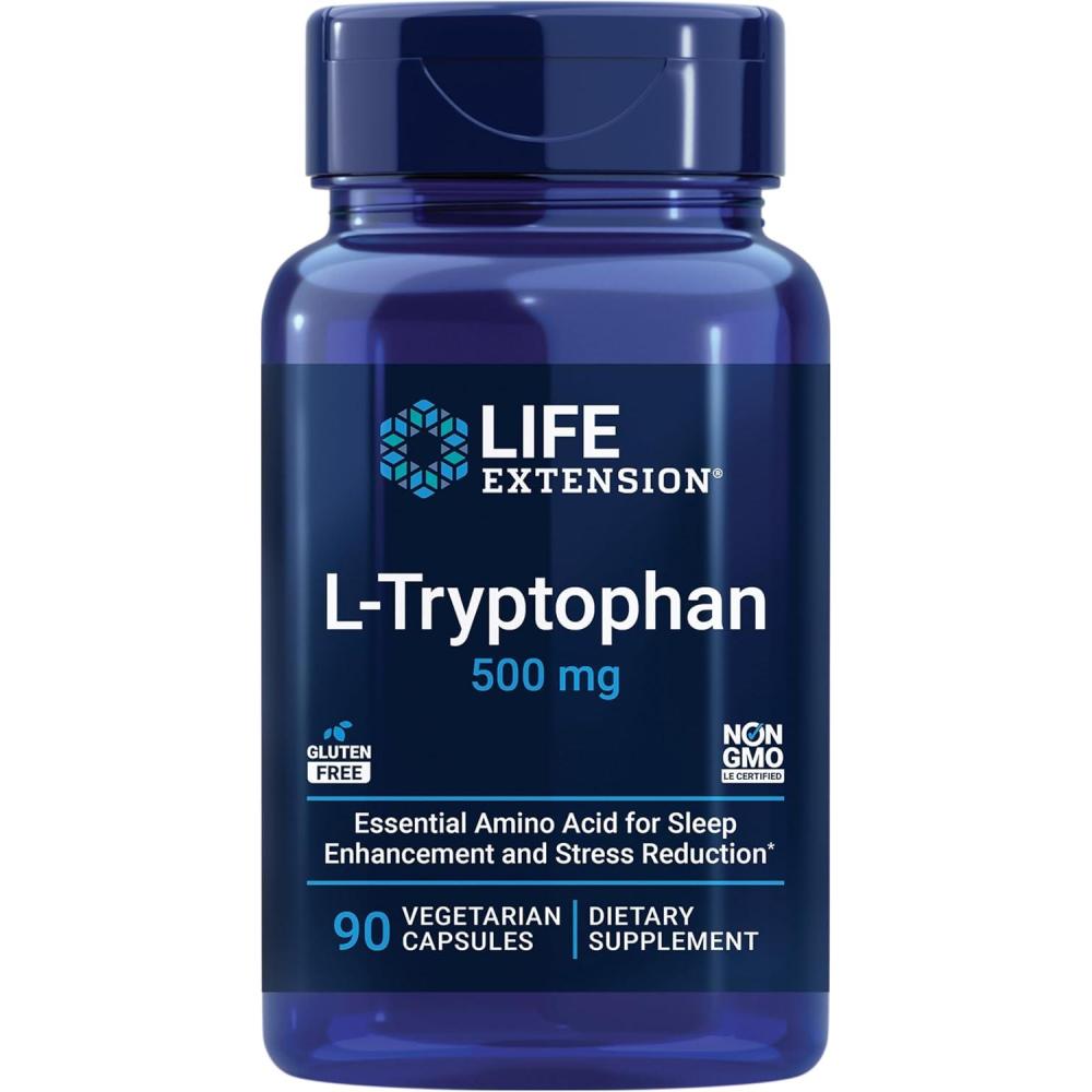 imageLife Extension LTryptophan 500 mg Encourages Healthy Serotonin Levels and Promotes Healthy Sleep Mood Stress Response amp Satiety GlutenFree NonGMO Vegetarian 90 Capsules