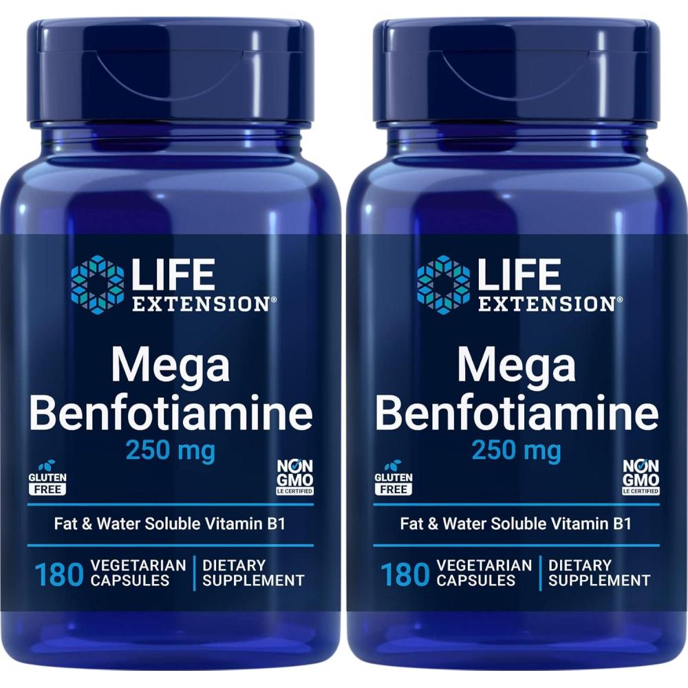 imageLife Extension Mega Benfotiamine 250 mg 180 Veg caps with Thiamine  Vitamin B1 Supplement180 Count Pack of 2