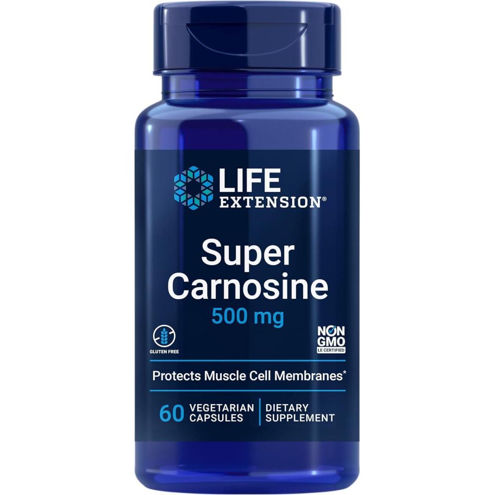 imageLife Extension Super Carnosine Lcarnosine Luteolin Vitamin B1 Muscle Support Exercise Recovery Heart Health GlutenFree NonGMO Vegetarian 60 Capsules