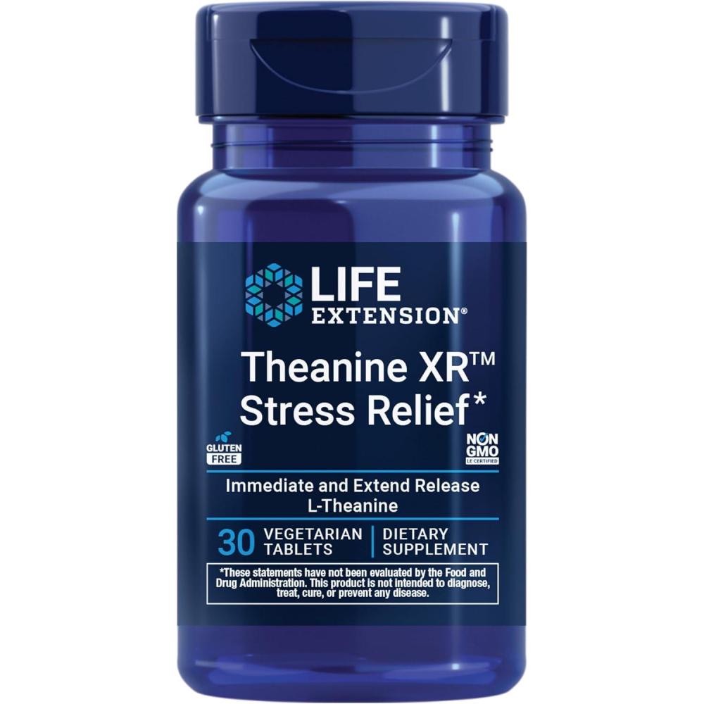 imageLife Extension Theanine XR Stress Relief LTheanine Promotes a Calm Response to Daytime Stress NonGMO GlutenFree Vegetarian 30 Tablets30 Count Pack of 1