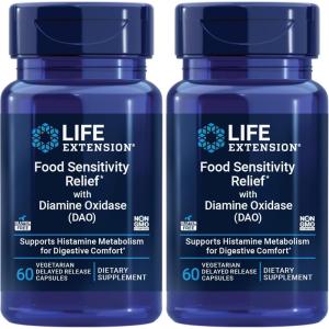 Life Extension Food Sensitivity Relief with Diamine Oxidase (DAO), Occasional Gas, Digestive Comfort, histamine Sensitivity, DAO Enzyme Supplement, Gluten Free, Non-GMO, Vegetarian, 60 Capsules(60 Count (Pack of 2))