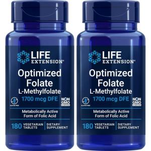 Life Extension Optimized Folate (L-Methylfolate) 1700 mcg DFE, 180 Veg Tablets (Pack of 2)