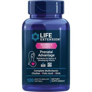 Life Extension Prenatal Advantage, Women’s multivitamin, Baby Support, folic Acid, Choline, omega-3s, Vitamin C, D3, B1, B6, B12, zinc, niacin, Gluten Free, Non-GMO, 120 softgels