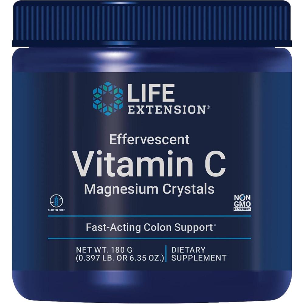 imageLife Extension Effervescent Vitamin C Magnesium Crystals immediate Relief from Occasional Constipation GlutenFree NonGMO Vegetarian Net Wt 180 GramsStandard Packaging