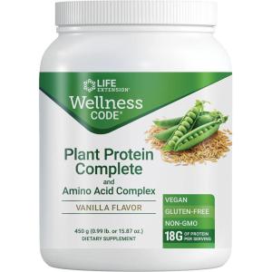 Life Extension Wellness Code® Plant Protein Complete & Amino Acid Complex (Vanilla), Plant-Based Protein Powder Plus branched-Chain Amino acids, Gluten-Free, Non-GMO, Vegetarian, 450 Grams