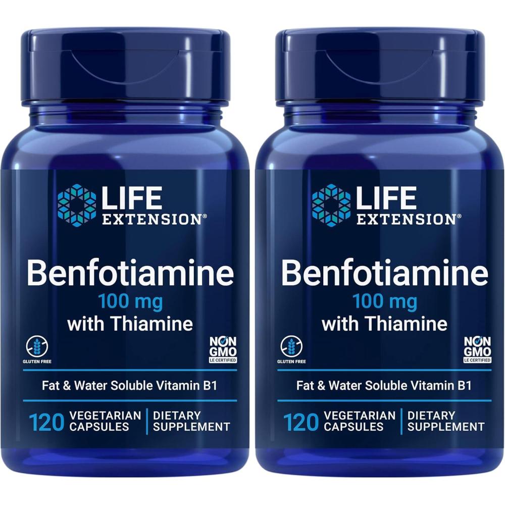 imageLife Extension Benfotiamine with Thiamine Healthy Blood Sugar Metabolism Support 100 mg benfotiamine Cardiovascular Health Brain Health NonGMO GlutenFree 120 Vegetarian Capsules120 Count Pack of 2