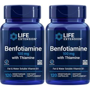 Life Extension Benfotiamine with Thiamine, Healthy Blood Sugar Metabolism Support, 100 mg benfotiamine, Cardiovascular Health, Brain Health, Non-GMO, Gluten-Free, 120 Vegetarian Capsules(120 Count (Pack of 2))