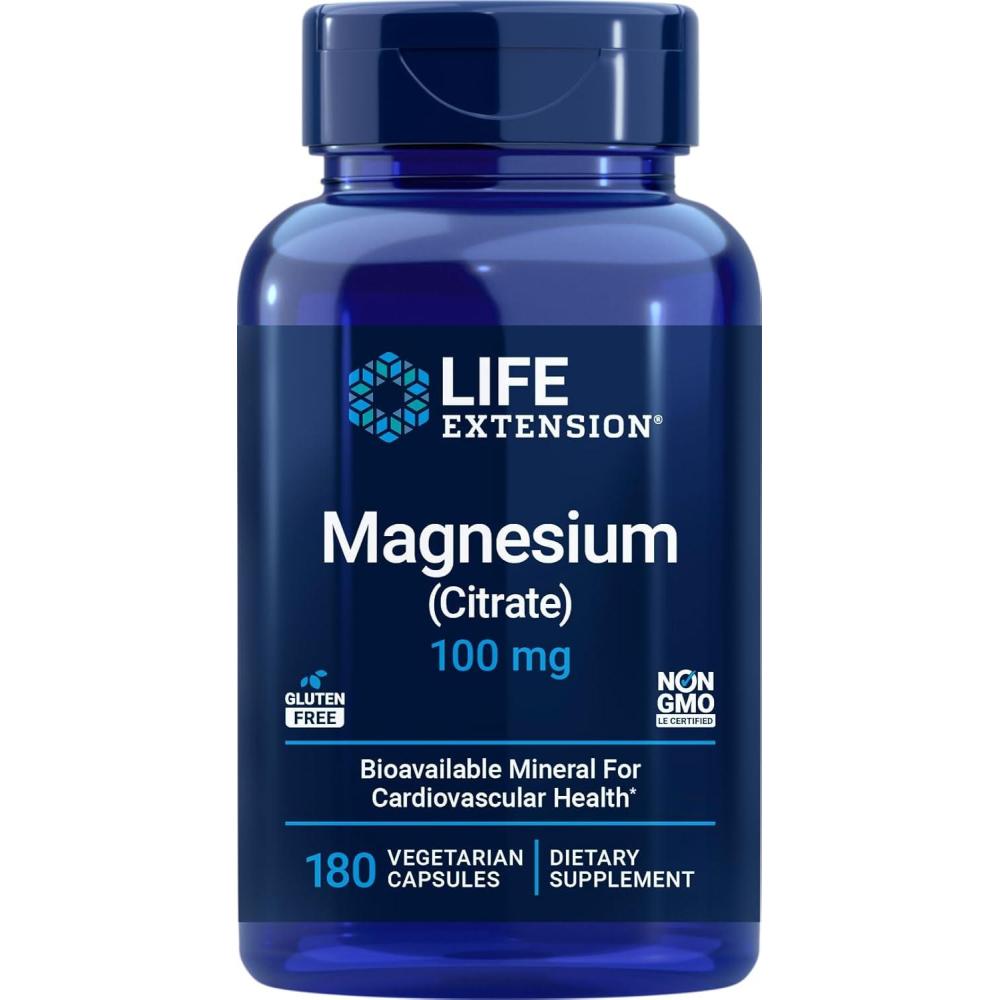 imageLife Extension Magnesium Citrate 100mg 180 Veg Caps Natural Mag Supplement 100 mg Mineral Support Capsules Vegetarian NonGMOUnflavored