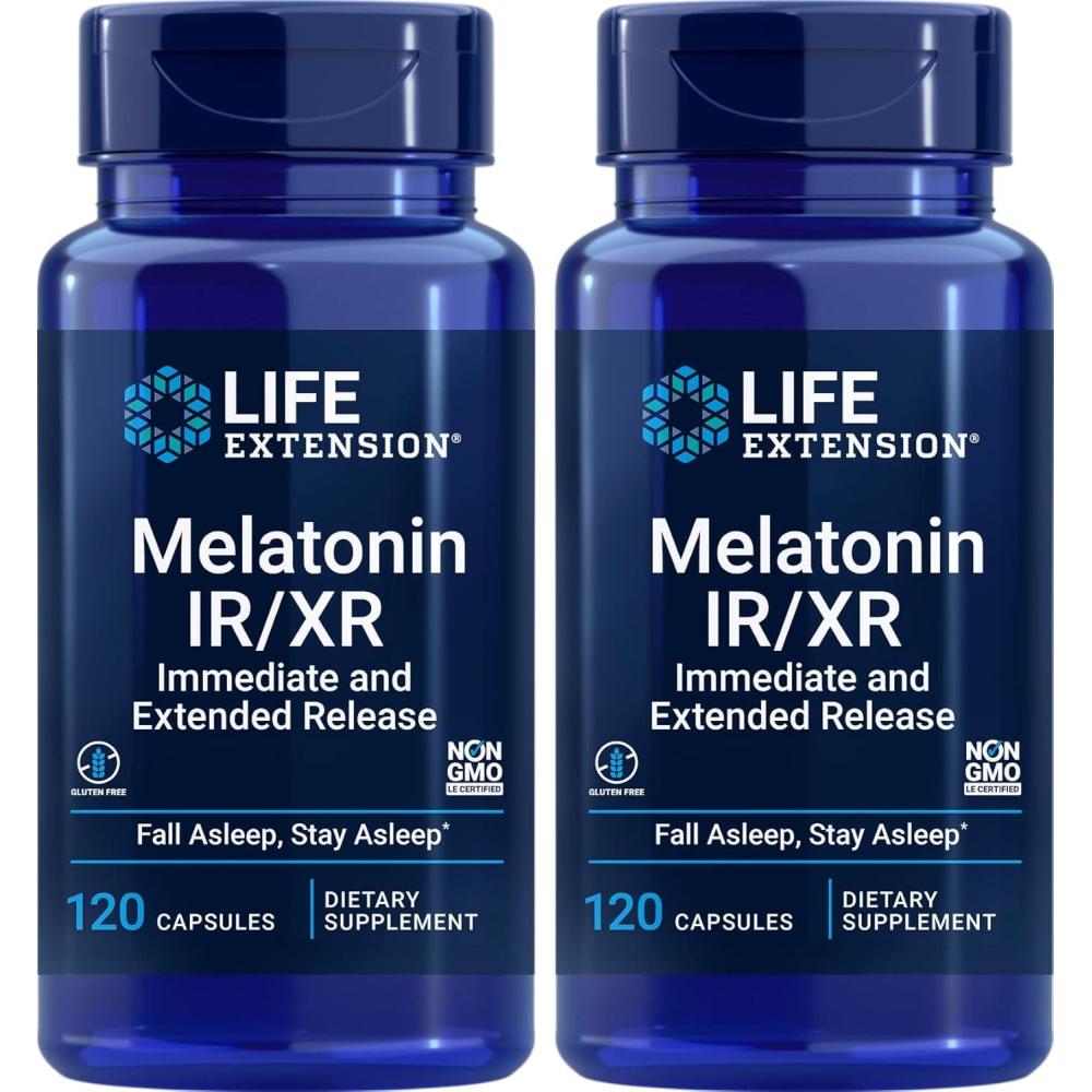 imageLife Extension Melatonin IRXR 120 Capsules Pack of 2  Immediate amp ExtendedRelease for 7 Hours Support  Night Time Supplement  Stay Asleep All Night Long  NonGMO GlutenFree