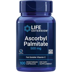 Life Extension Ascorbyl Palmitate 500mg – Fat-Soluble Vitamin C Supplement for Immune Support and Longevity – Water-Soluble Gluten-Free, Non-GMO, Vegetarian – 100 Capsules