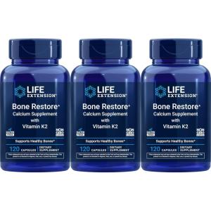 Life Extension Bone Restore Calcium Supplement with Vitamin K2, 120 Capsules (Pack of 3)