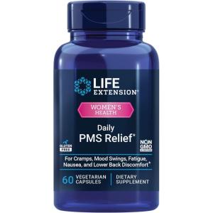 Life Extension Daily PMS Relief, Menstrual Comfort Supplement, PMS-Related Cramps, Lower Back discomfort, Mood, Ginger, Magnesium, B6, Gluten-Free, Non-GMO, 60 Capsules