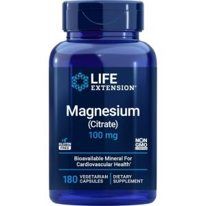 Life Extension Magnesium Citrate 100mg, 180 Veg Caps – Natural Mag Supplement – 100 mg Mineral Support Capsules – Vegetarian, Non-GMO(Unflavored)