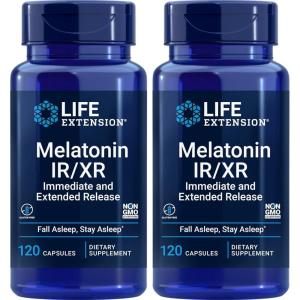 Life Extension Melatonin IR/XR, 120 Capsules (Pack of 2) – Immediate & Extended-Release for 7 Hours Support – Night Time Supplement – Stay Asleep All Night Long – Non-GMO, Gluten-Free