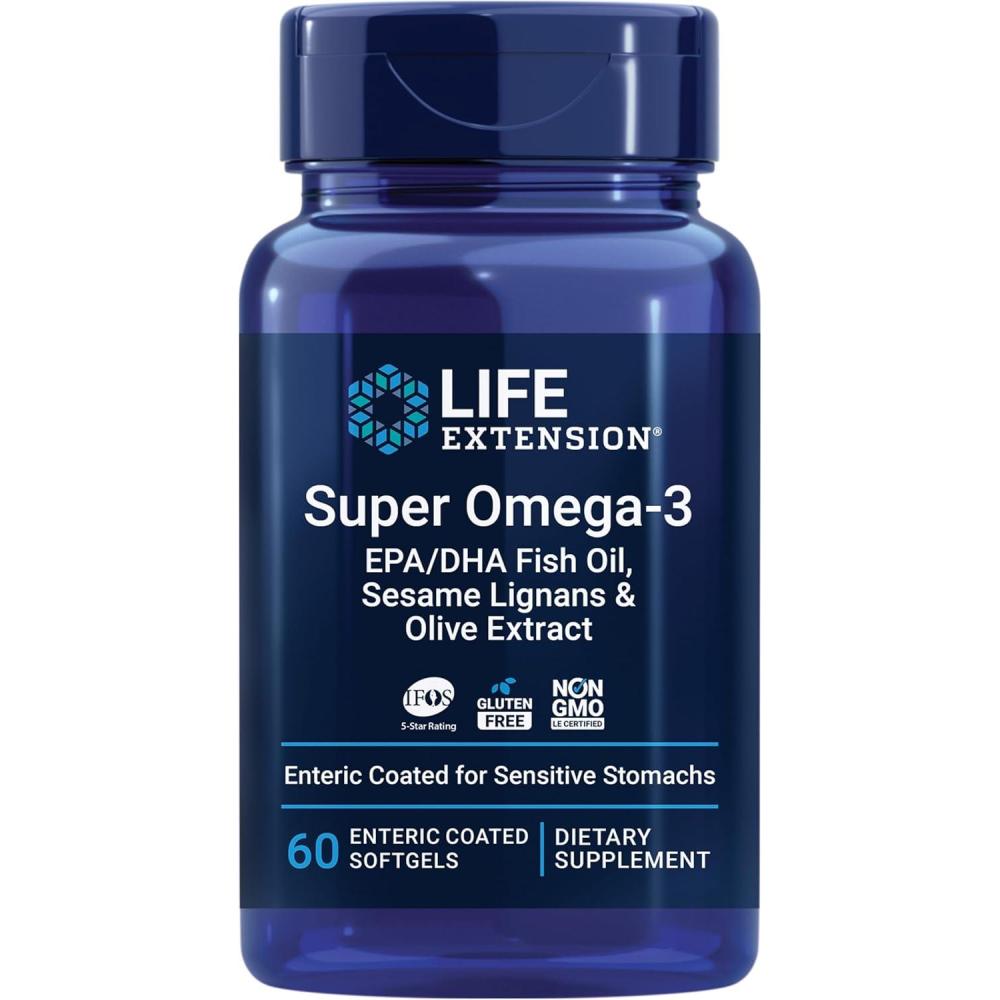 imageLife Extension Super Omega3 EPADHA Fish Oil Sesame Lignans amp Olive Extract Heart Health Brain Health Inflammation Health Support GlutenFree EntericCoated NonGMO 60 Softgels60 Count Pack of 1