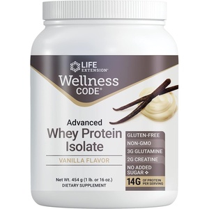 Life Extension Wellness Code Advanced Whey Protein Isolate – Vanilla Flavor -Protein Shake Mix Powder for Muscle Growth & Immune Health Support – Gluten Free, Non-GMO, Sugar Free – 454g – 20 Servings(1 Pound (Pack of 1))